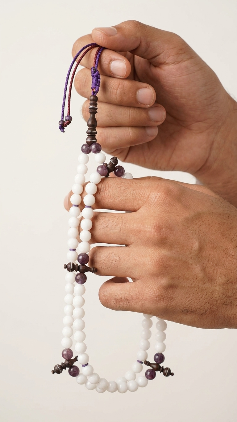 Hands holding a white misbaha — Dhikr Lab craftsmanship